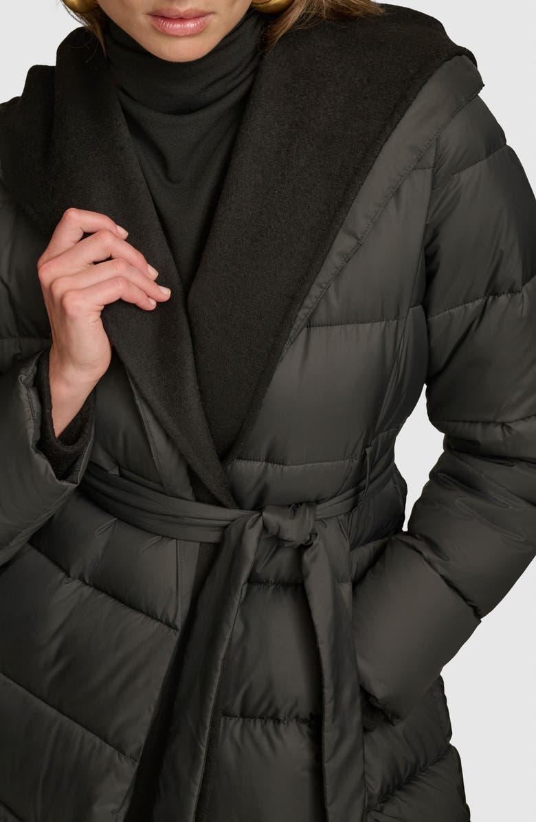 Donna Karan New York Water Resistant Mixed Media Hooded Puffer Coat, Alternate, color, Black