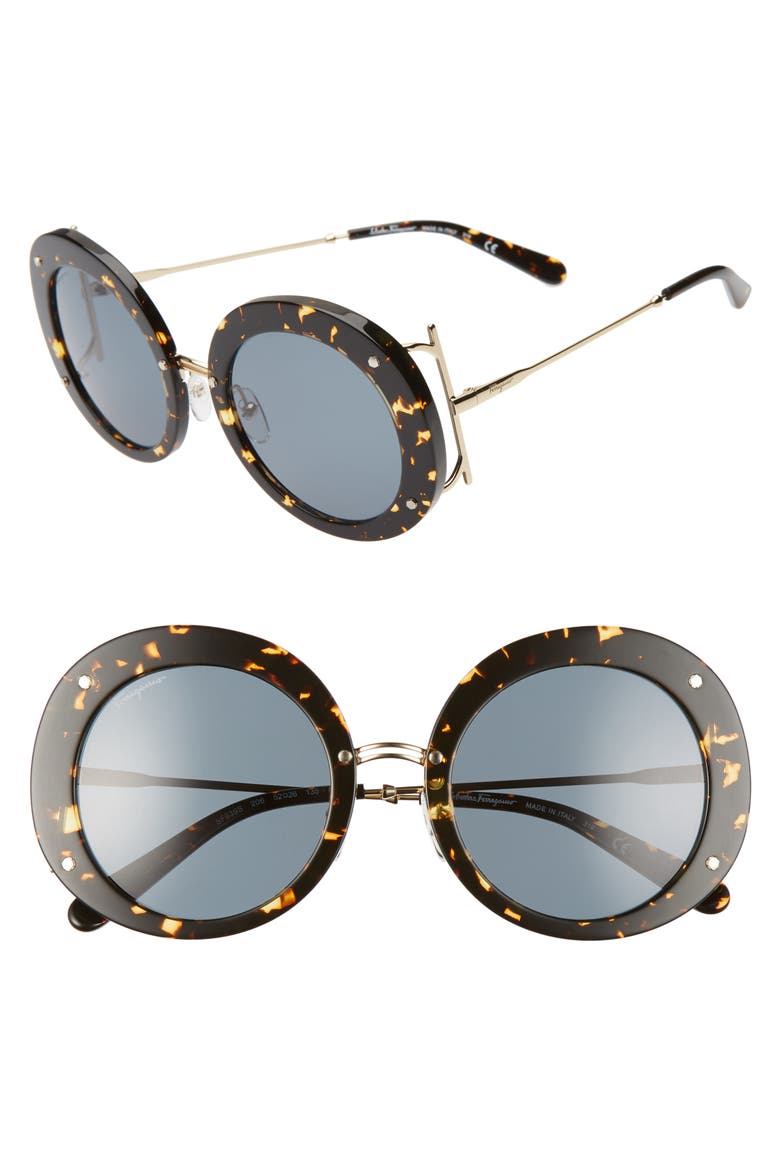 Salvatore Ferragamo 52mm Gancio Round Sunglasses, Main, color, HAVANA VINTAGE