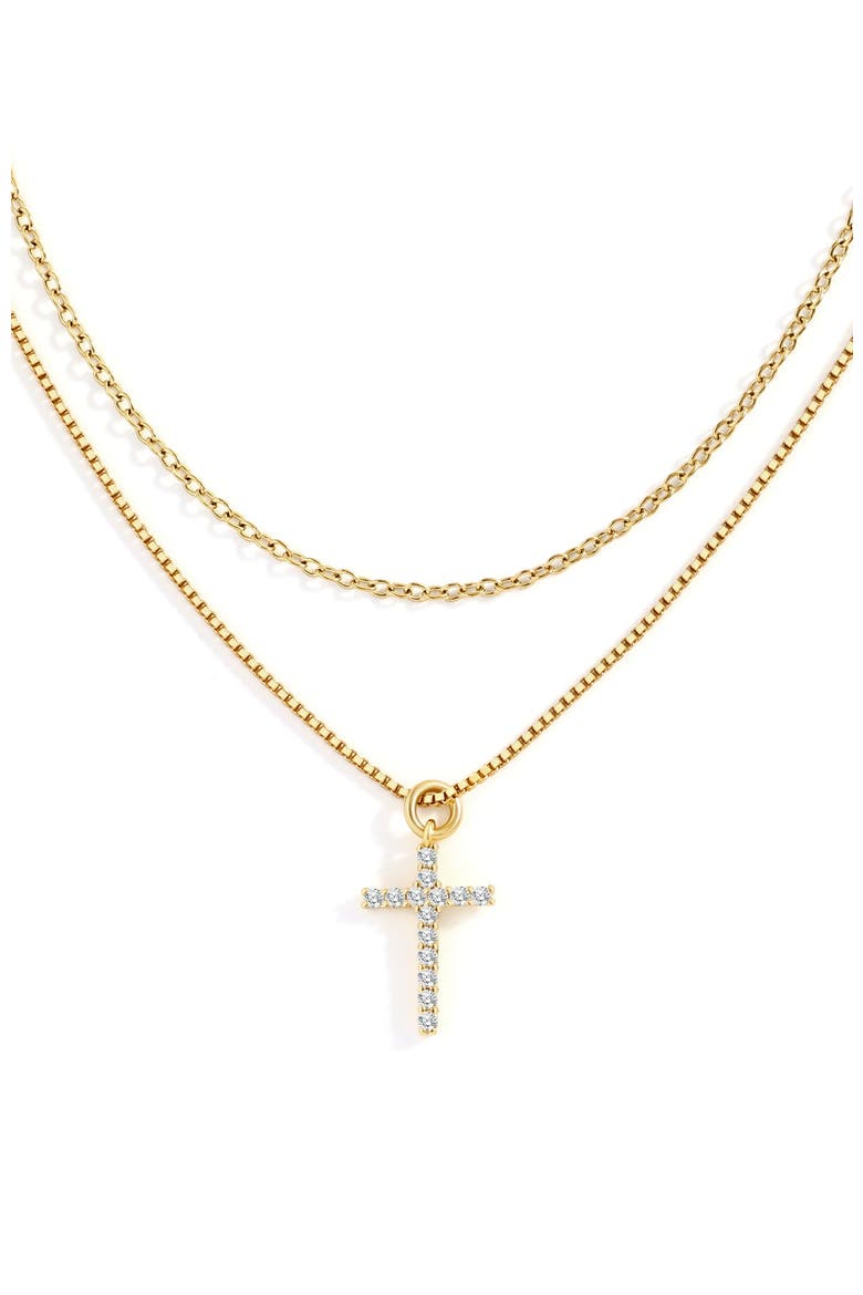 Dainty Cable Necklace with Pave Cross Chain Necklace Stacking Set, Main, color, Gold