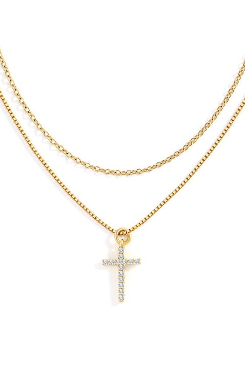 Dainty Cable Necklace with Pave Cross Chain Necklace Stacking Set