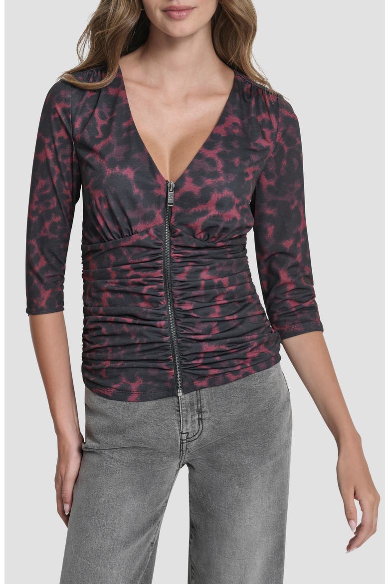 Ruched Knit Zip-Up Top, Main, color, MERLOT CHEETAH