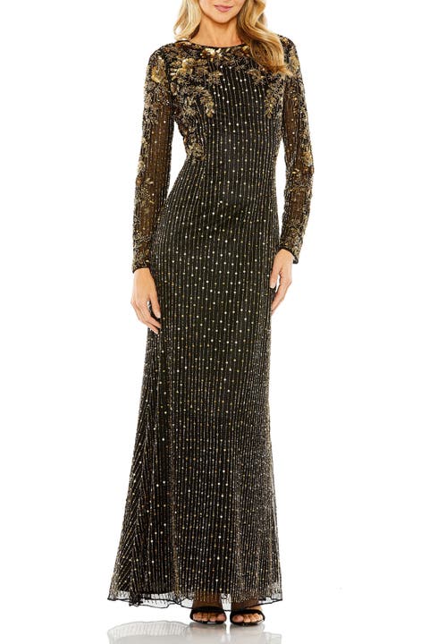 High Neck Long Sleeve Embellished Gown