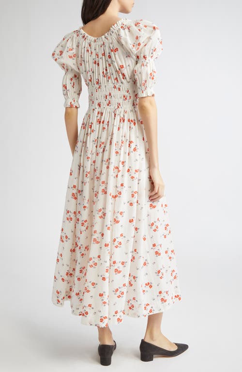 Doen Ischia Shirred Floral-print Organic Cotton-blend Voile Midi Dress In White