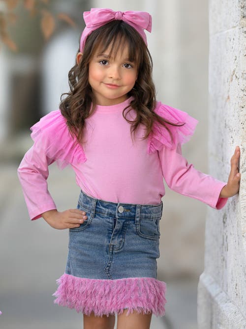 Mia Belle Girls Girls Pink Ruffle Top And Feather Trim Denim Skirt Set In Pink