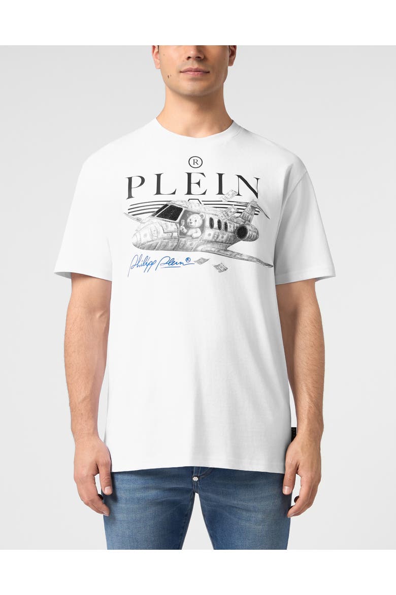 Round Neck T-Shirt Teddy Plane Stones Men, Main, color, white