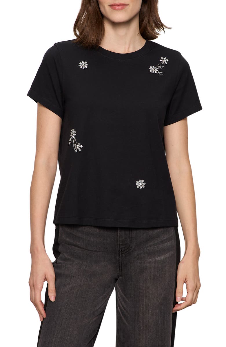 Sanctuary Floral Crystal Embellished Organic Cotton T-Shirt, Main, color, Black