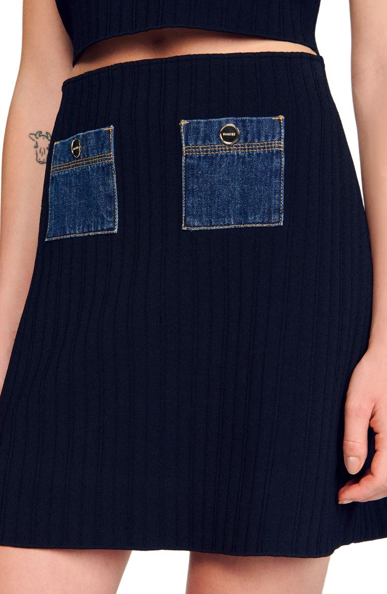 SANDRO Short knit and denim skirt, Alternate, color, Navy Blue