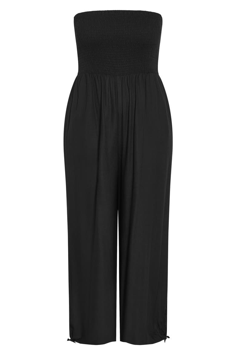 Ally Smocked Strapless Wide Leg Jumpsuit, Alternate, color, BLACK