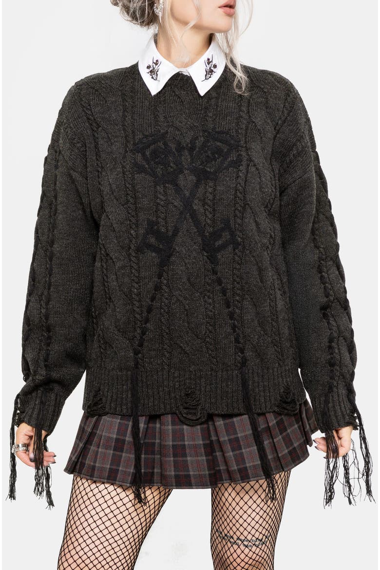 Skorn Skull Key Cable Knit Sweater, Main, color, Charcoal