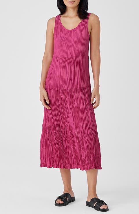 Tiered Pleated Silk Midi Dress