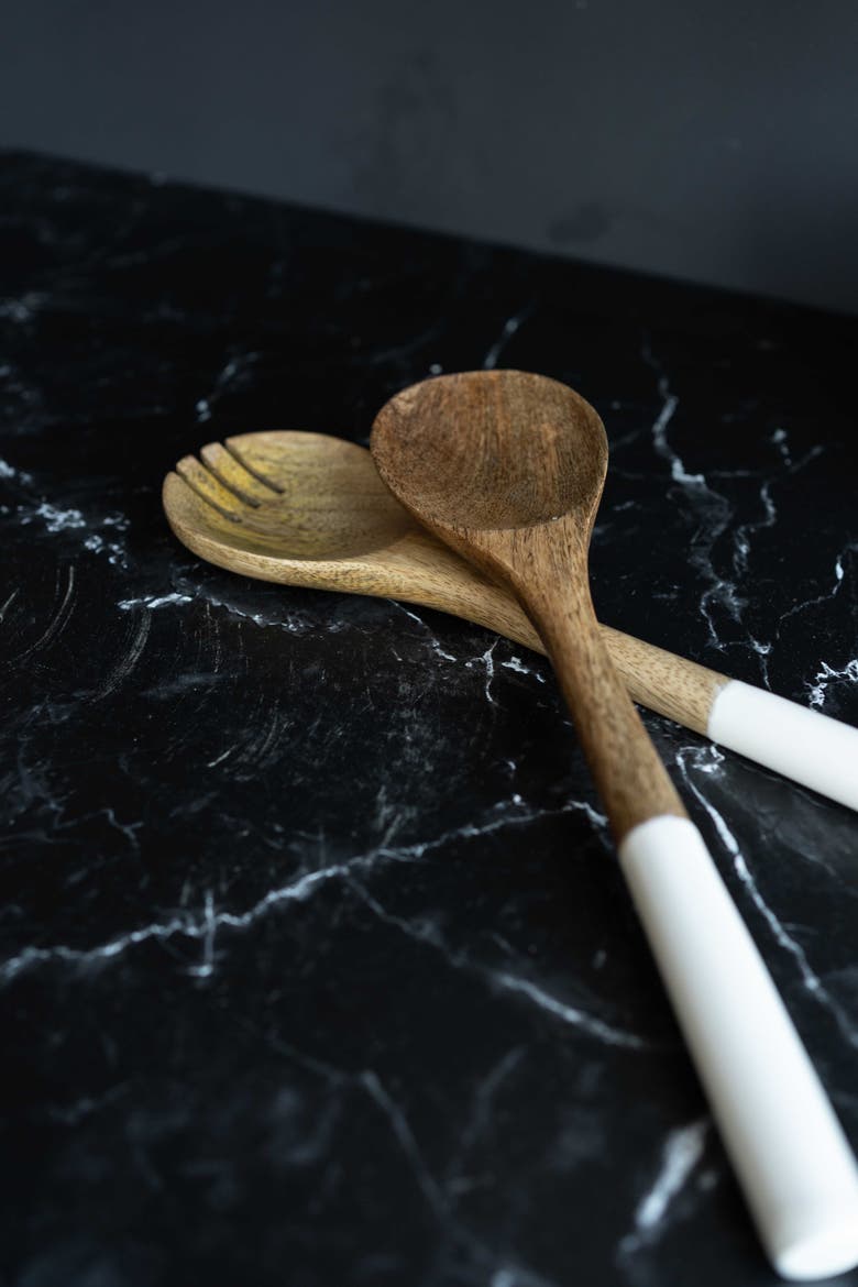 Tove White Enamel Mango Wood 2-Piece Serving Utensils, Alternate, color, Brown