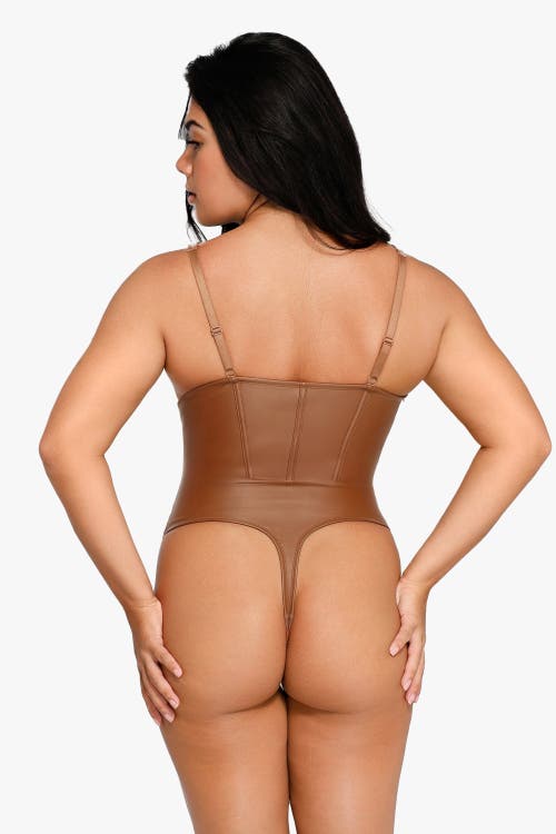 Popilush Shapewear Faux Leather Hourglass Corset Bodysuit In Dark Brown