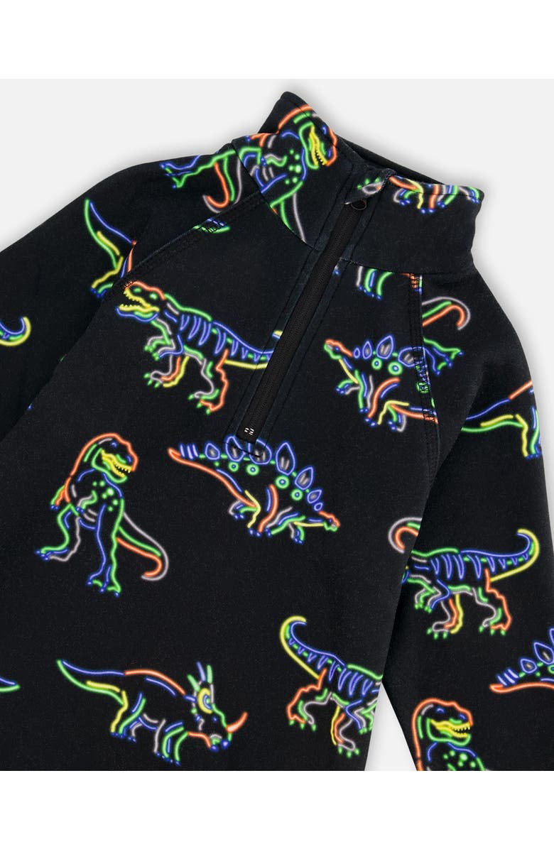 Deux par Deux Boy's Two Piece Thermal Underwear Set Black Printed Neon Dino, Alternate, color, 