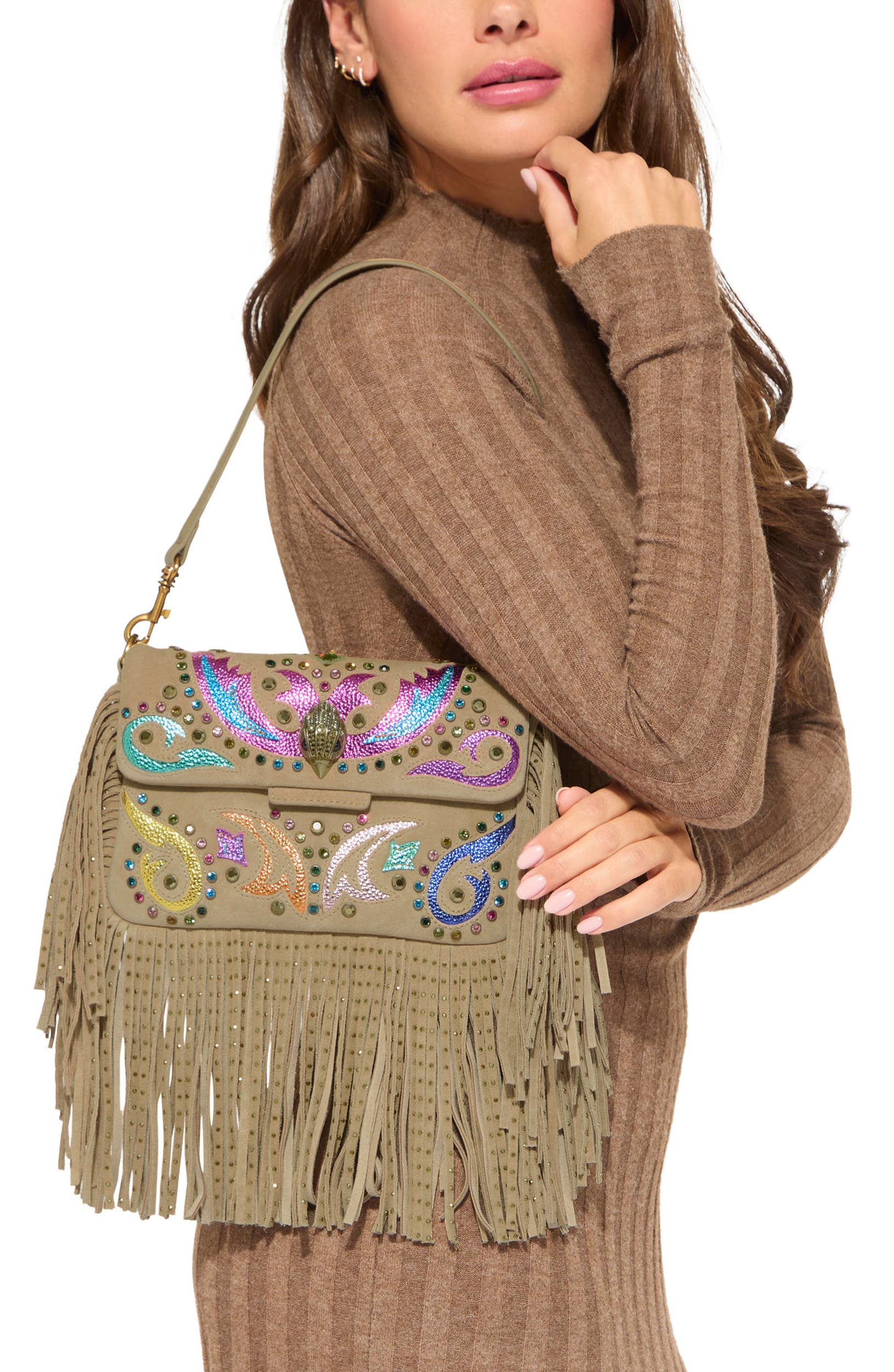 Small Oxford Fringe Suede Shoulder Bag, Alternate, color, OPEN BROWN