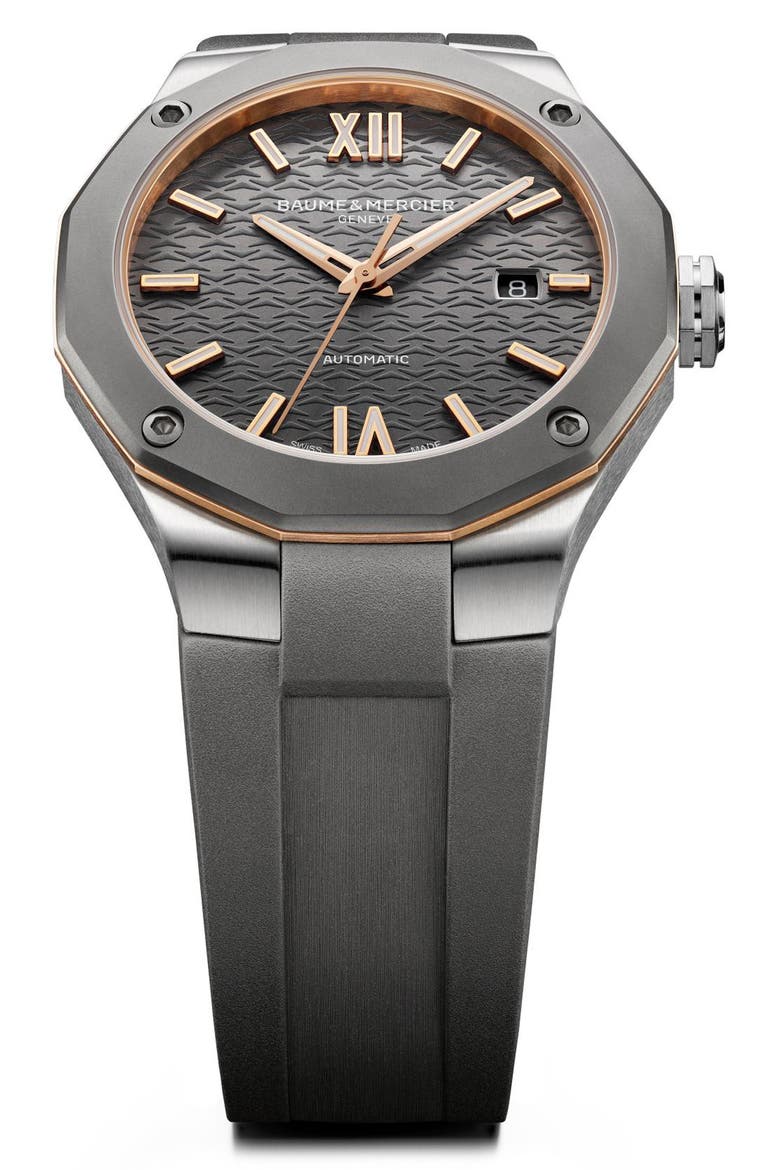Riviera 10660 Automatic Rubber Strap Watch, 42mm, Alternate, color, GREY