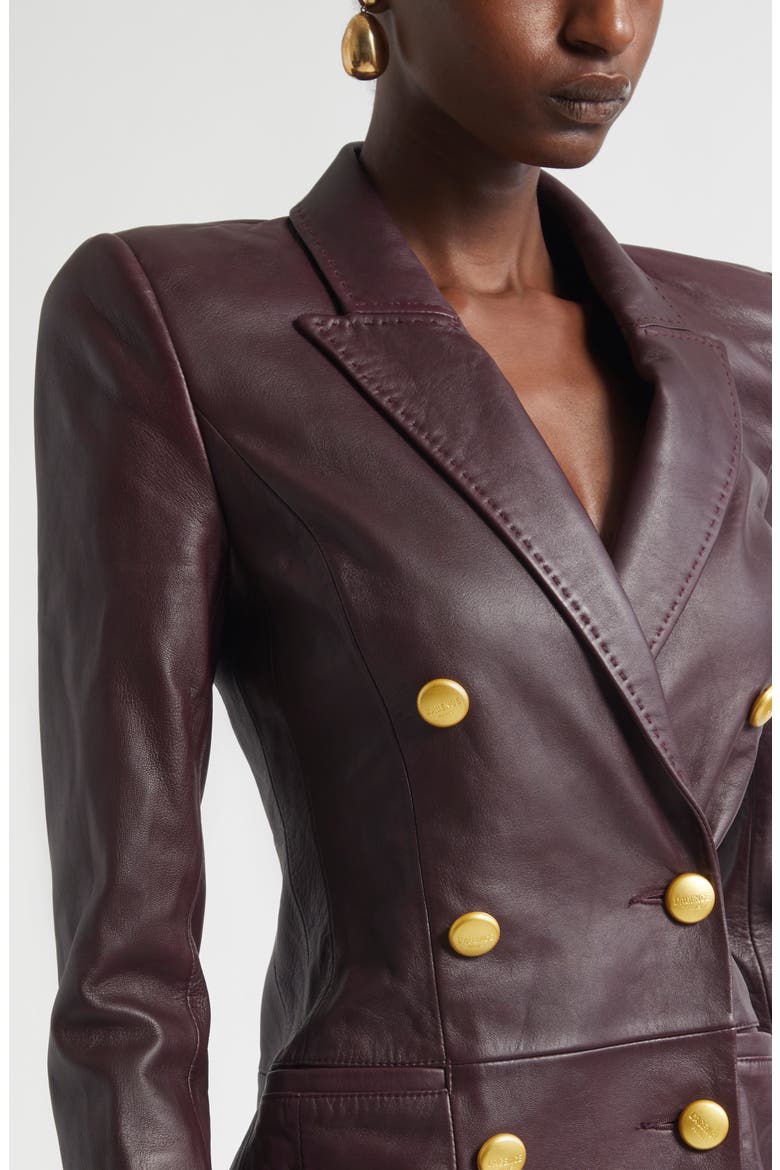 Tora Double Breasted Long Sleeve Leather Tuxedo Dress, Alternate, color, DARK MALBEC