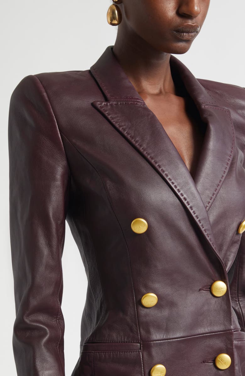 L'AGENCE Tora Double Breasted Long Sleeve Leather Tuxedo Dress, Alternate, color, Dark Malbec