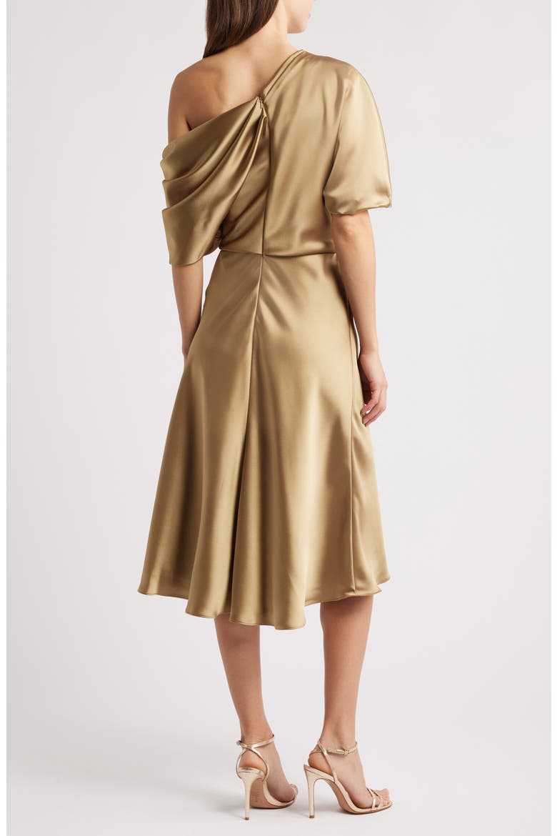 One-Shoulder Fluid Satin Cocktail Midi Dress, Alternate, color, GOLD