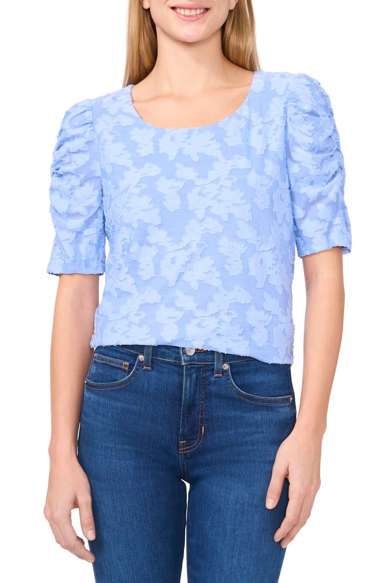 CeCe Floral Jacquard Ruched Sleeve Top, Main, color, Vista Blue