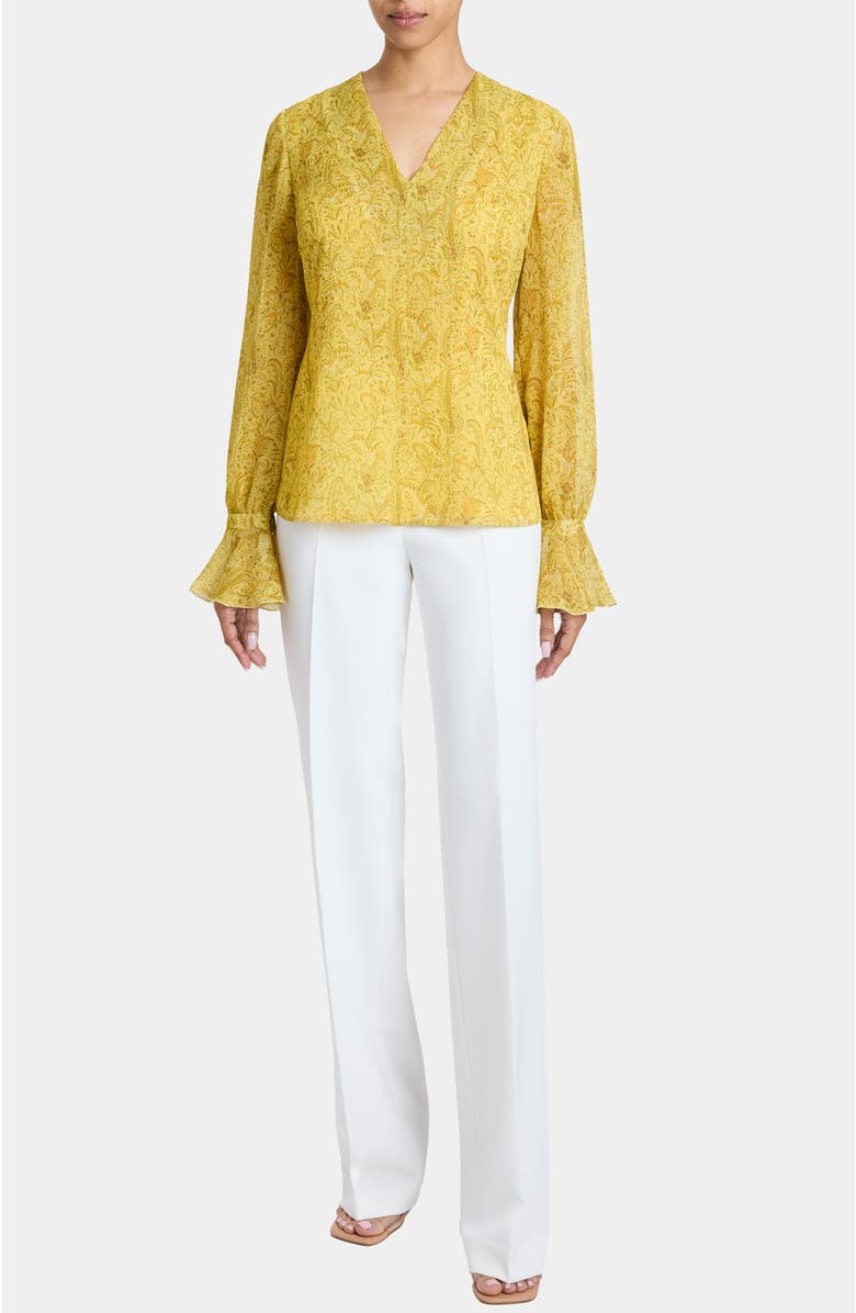 Santorelli RUE Long Sleeve Blouse with Ruffled Cuffs in Paisley Printed Crinkle Georgette, Alternate, color, Chamomile Multi