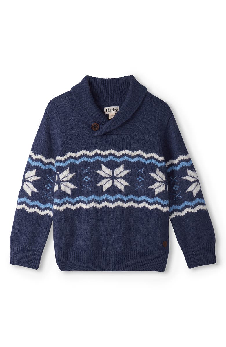 Hatley Fair Isle Snowflake Shawl Collar Sweater, Main, color, Blue