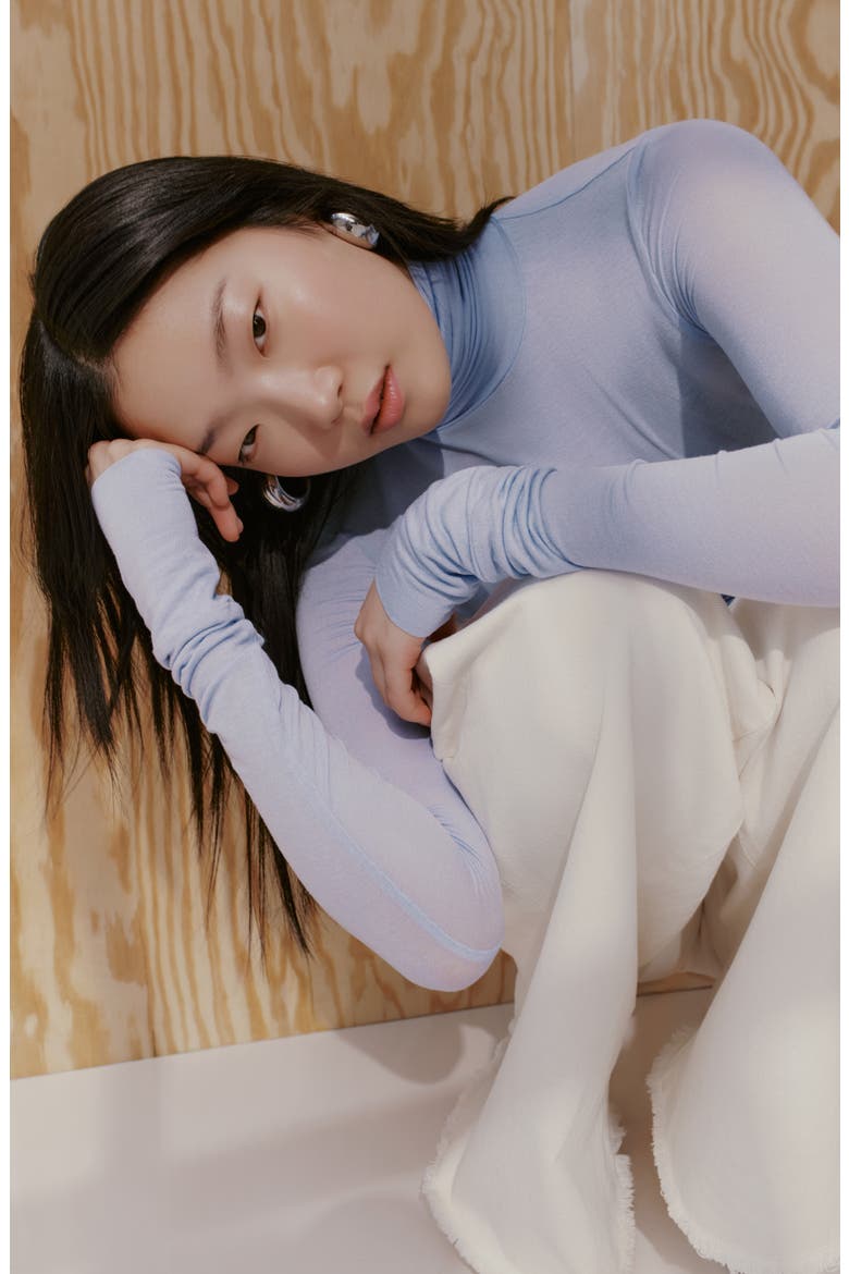 Eloise Turtleneck Semisheer Jersey Top, Alternate, color, ICE BLUE