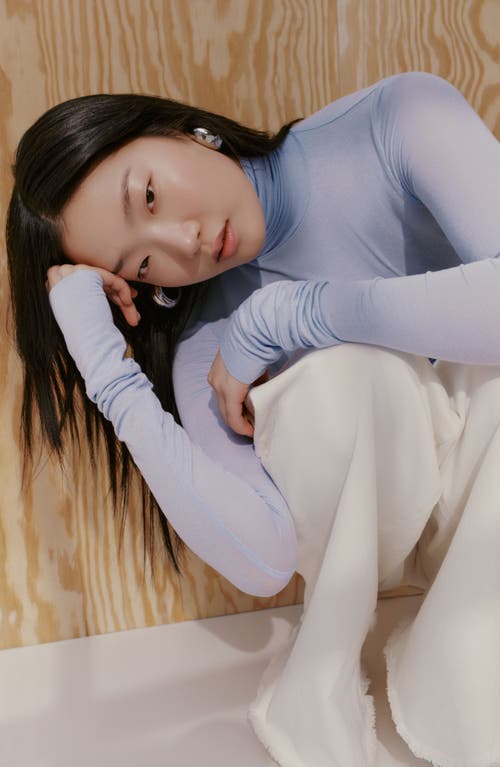 Marcella Eloise Turtleneck Semisheer Jersey Top In Blue