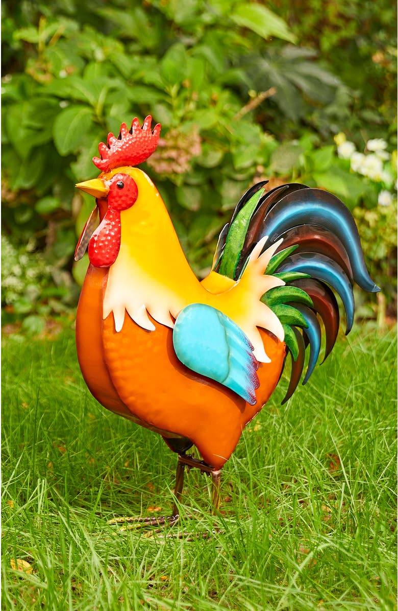 Glitzhome 21"H Metal Rooster Garden Statue Indoor Outdoor Sculpture, Alternate, color, Orange