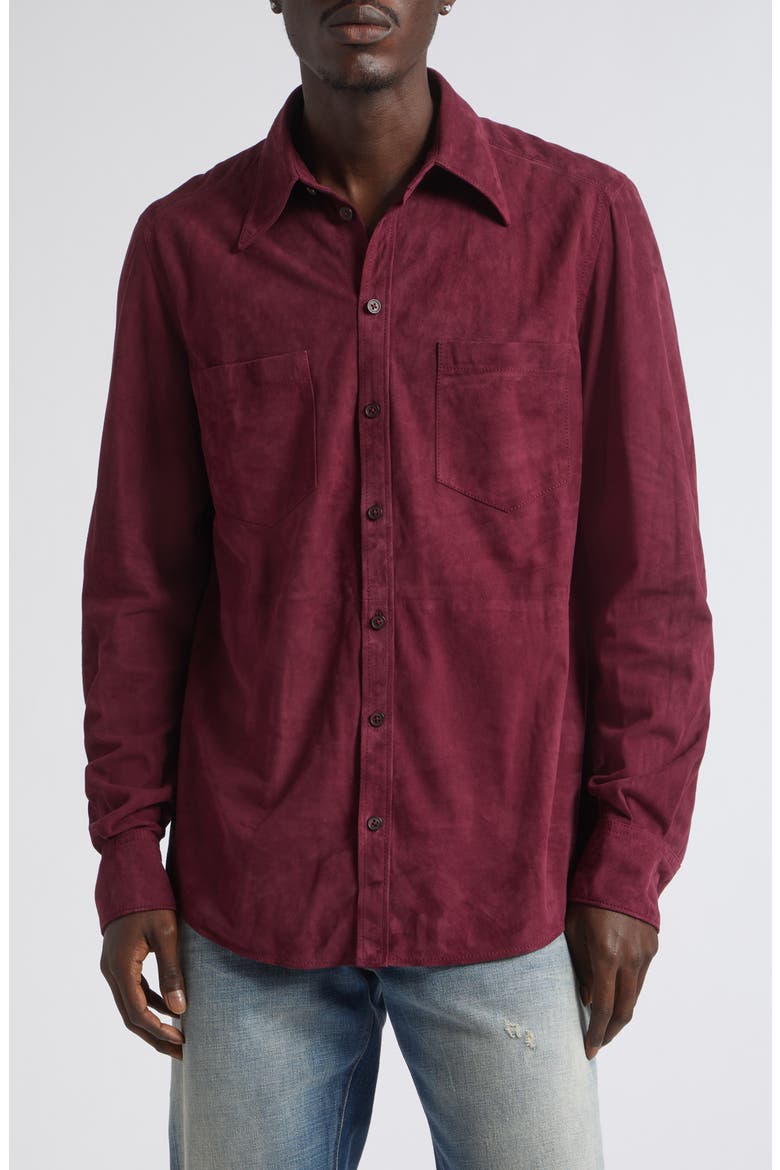 Martini Suede Button-Up Shirt, Main, color, F0130 MELANZANA SCURISSIMO