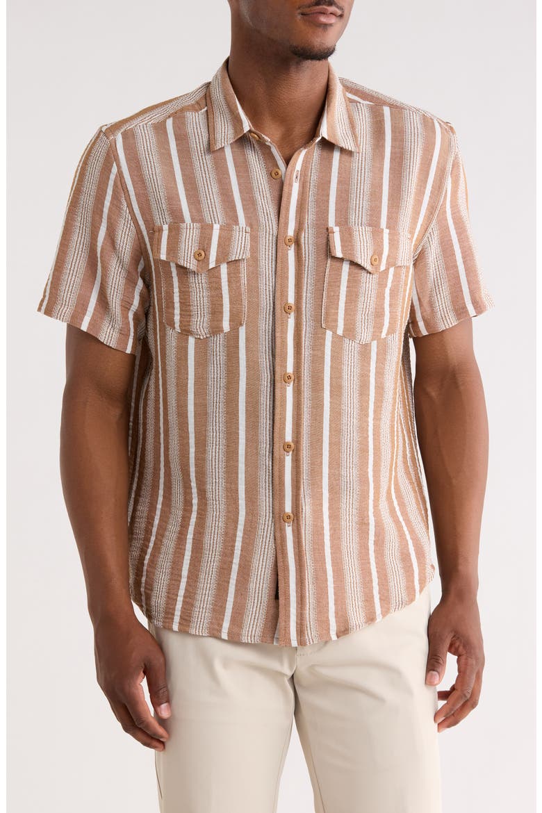 Stripe Short Sleeve Button-Up Shirt, Main, color, TAN