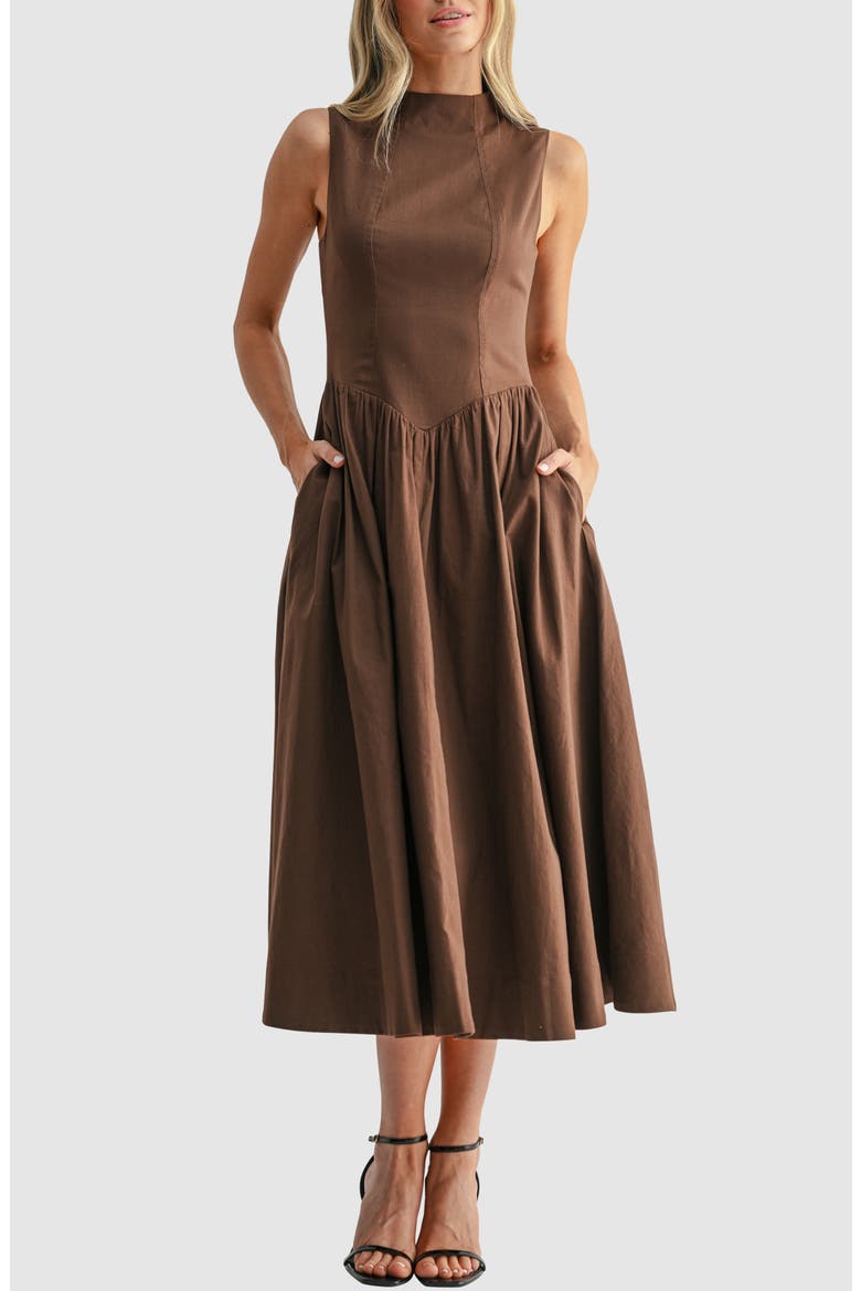 Mock Neck Drop Waist Fit & Flare Midi Dress, Main, color, BROWN