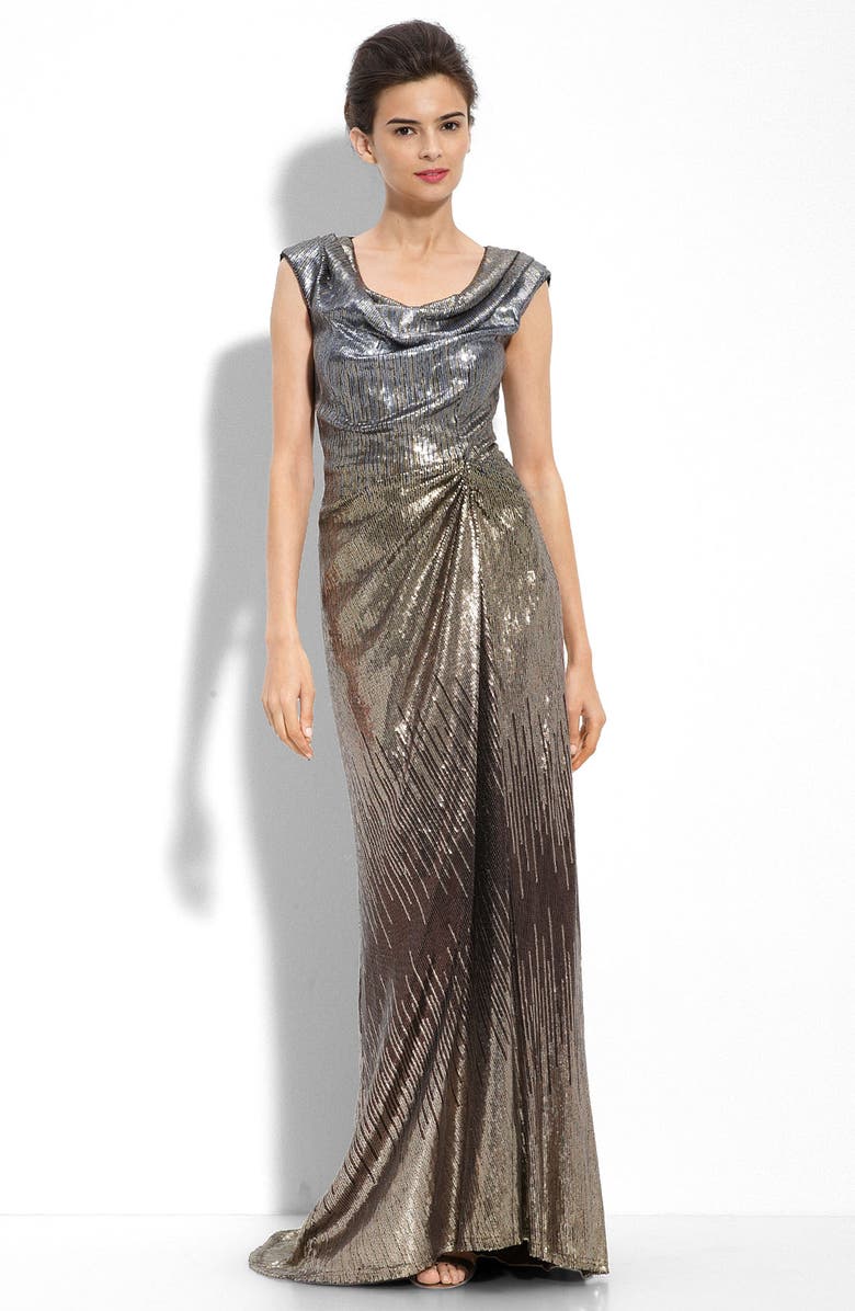 Tadashi Shoji Drape Neck Sequin Gown, Main, color, 