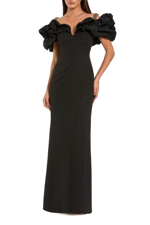Ruffle Off The Shoulder Crepe Column Gown