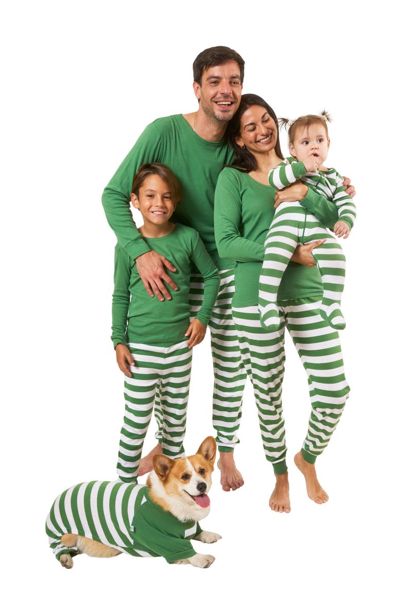Leveret Kids Two-Piece Striped Cotton Matching Family Holiday Pajamas, Alternate, color, Solid Green Top & Striped Pant