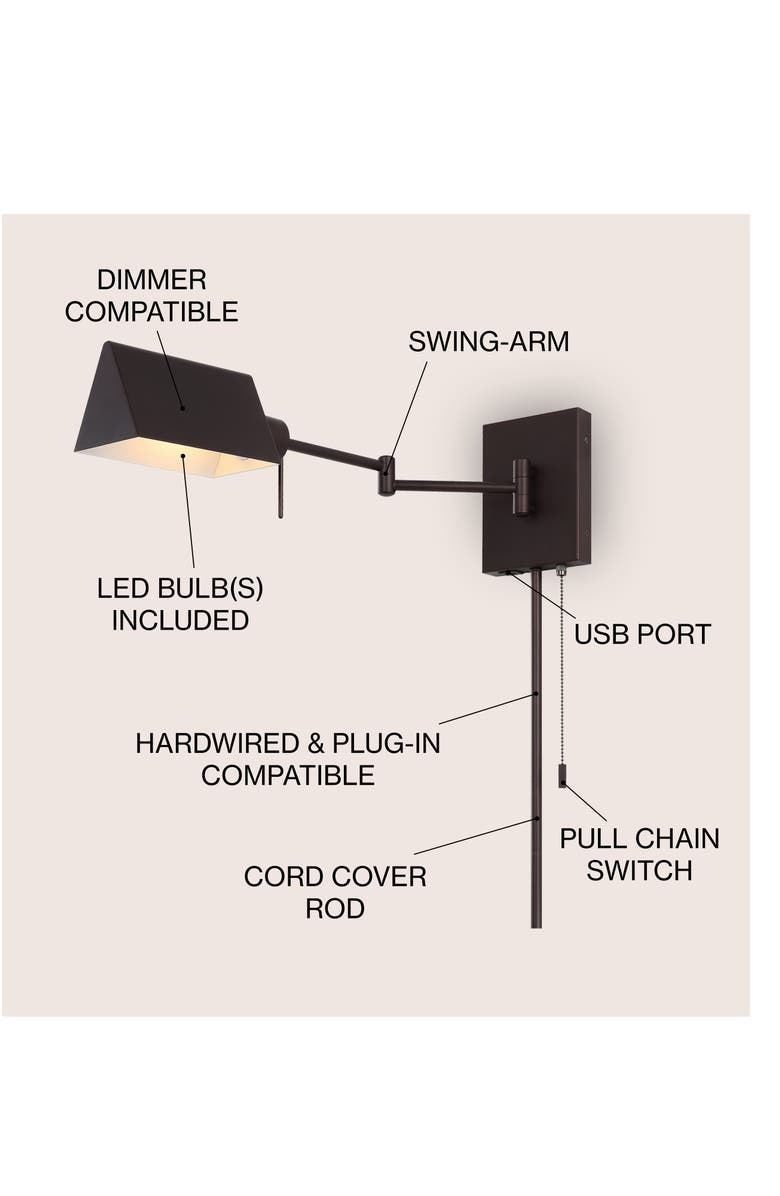 JONATHAN Y Arlo 1-Light Farmhouse Industrial Single Swing Arm Plug-In or Hardwired Iron LED Wall Sconce with Pull-Chain USB Charging Port, Alternate, color, 