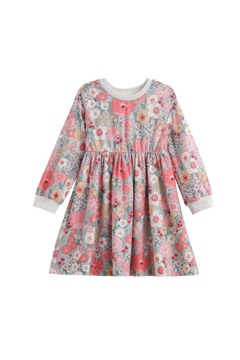 Eliza Long Sleeve Floral Ribbed Trim Empire Waist Dress, Main, color, Pink