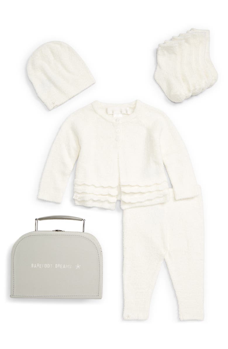 Barefoot Dreams<sup>®</sup> CozyChic<sup>®</sup> Lite Heirloom Cardigan, Pants, Socks, Beanie & Suitcase Set, Main, color, Pearl