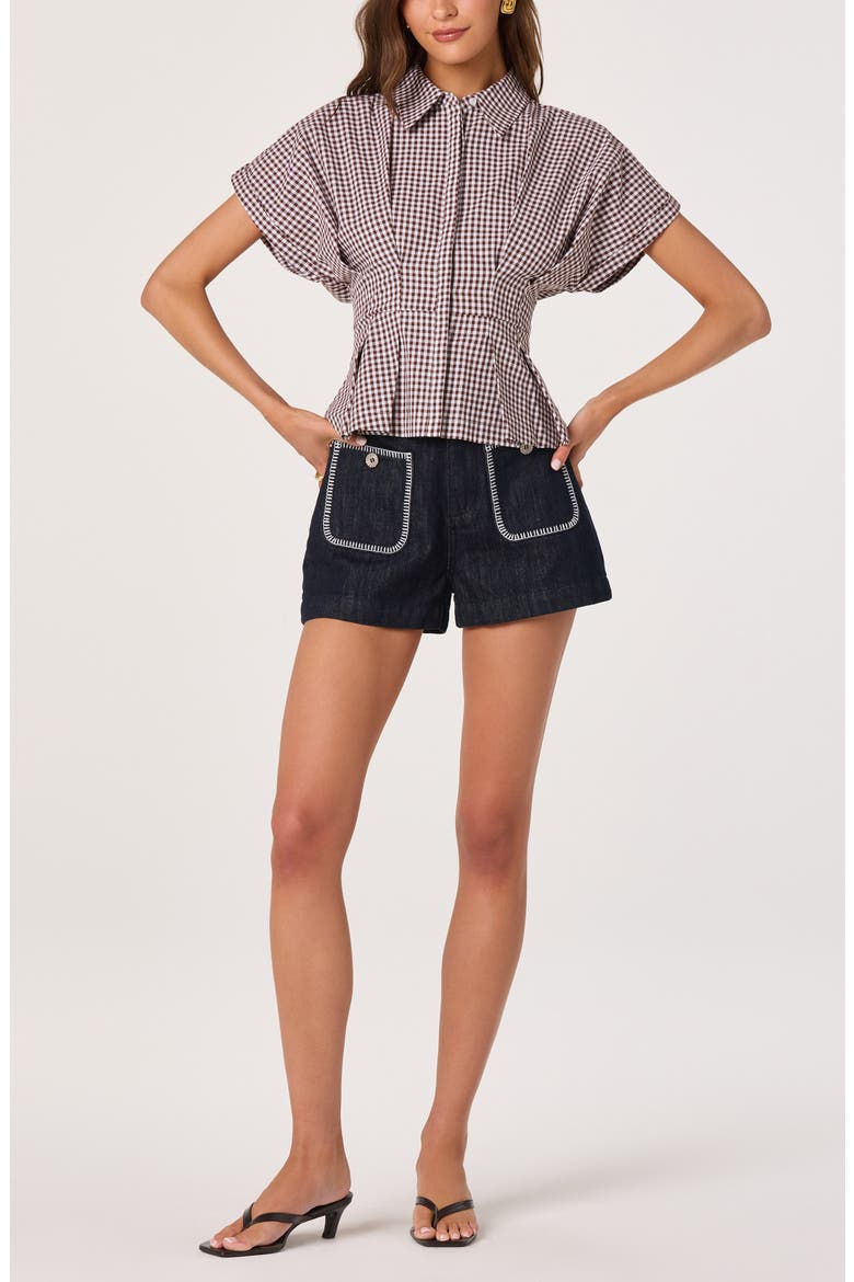 Beck Gingham Cotton Peplum Top, Alternate, color, BROWN GINGHAM