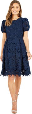 Yumi Lace Puff Sleeve Skater Dress