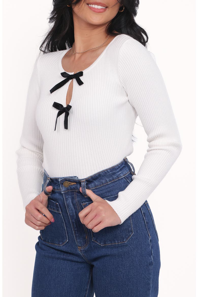 Elba Velvet Bow Rib Top, Alternate, color, WHITE