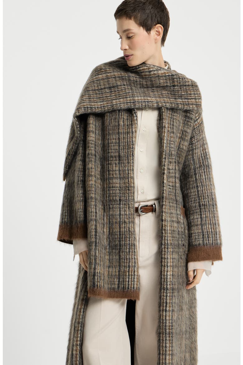 Mohair and wool Prince of Wales double knit coat with scarf, Alternate, color, Brown