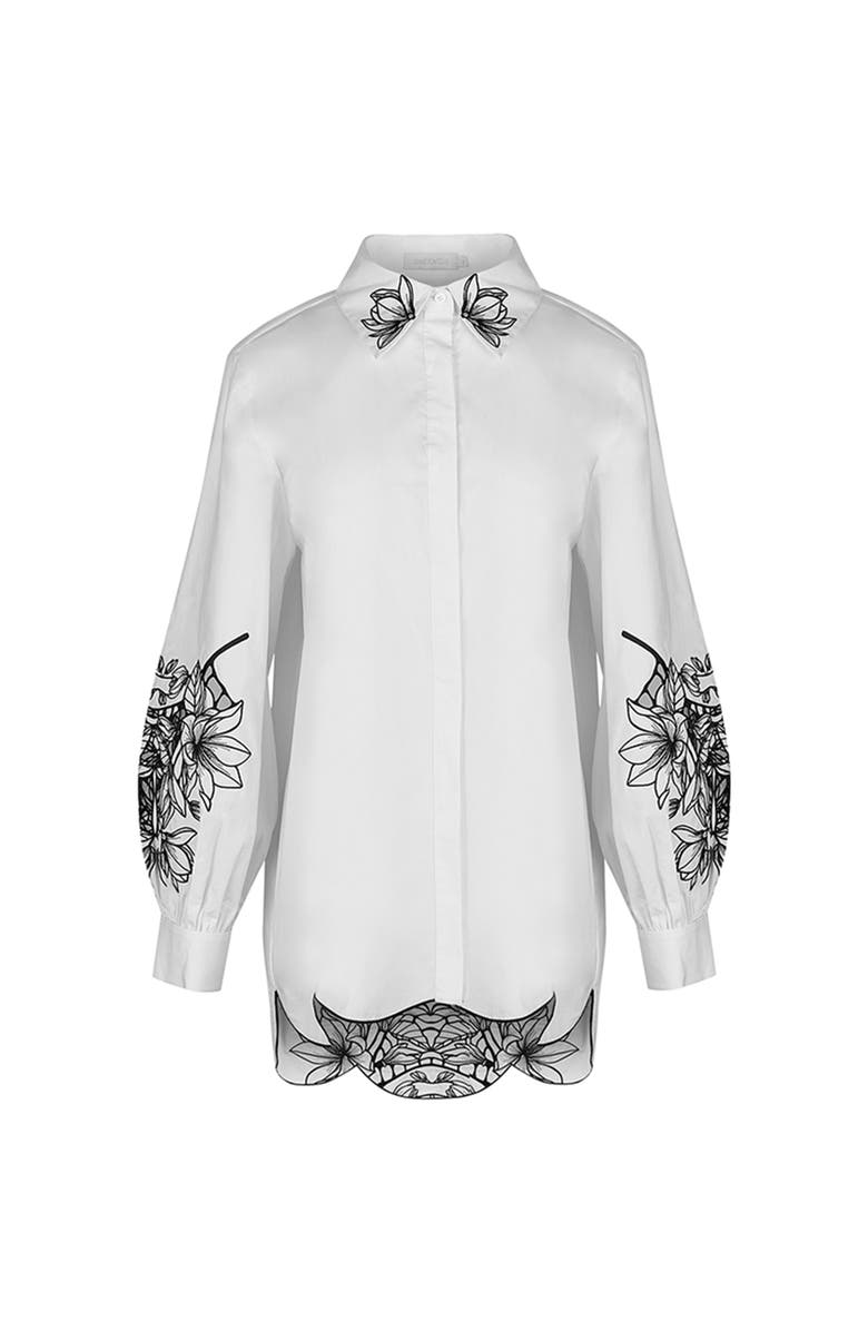 Anne Fontaine Women's Shirt Leonie White Long Sleeve Cotton Poplin Shirt With Black Embroidered Flowers, Alternate, color, Black/White