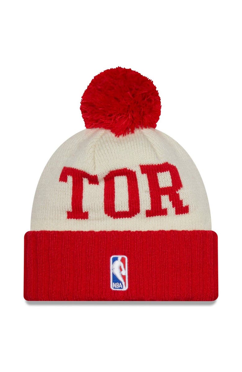 New Era Men's New Era Red/Cream Toronto Raptors 2022 NBA Draft On The Court Cuffed Knit Hat with Pom, Alternate, color, 