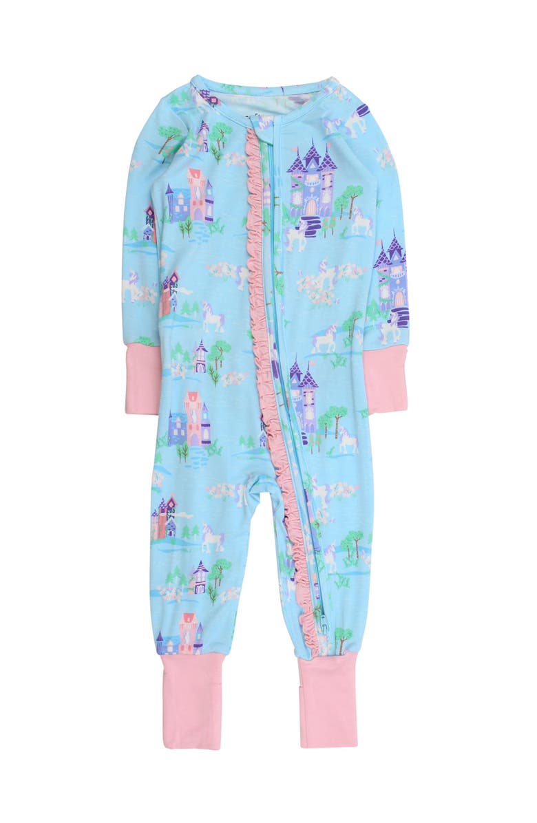 RuffleButts Baby Girls SoftSnooze Convertible Ruffle One Piece Pajama, Main, color, Once Upon A Castle