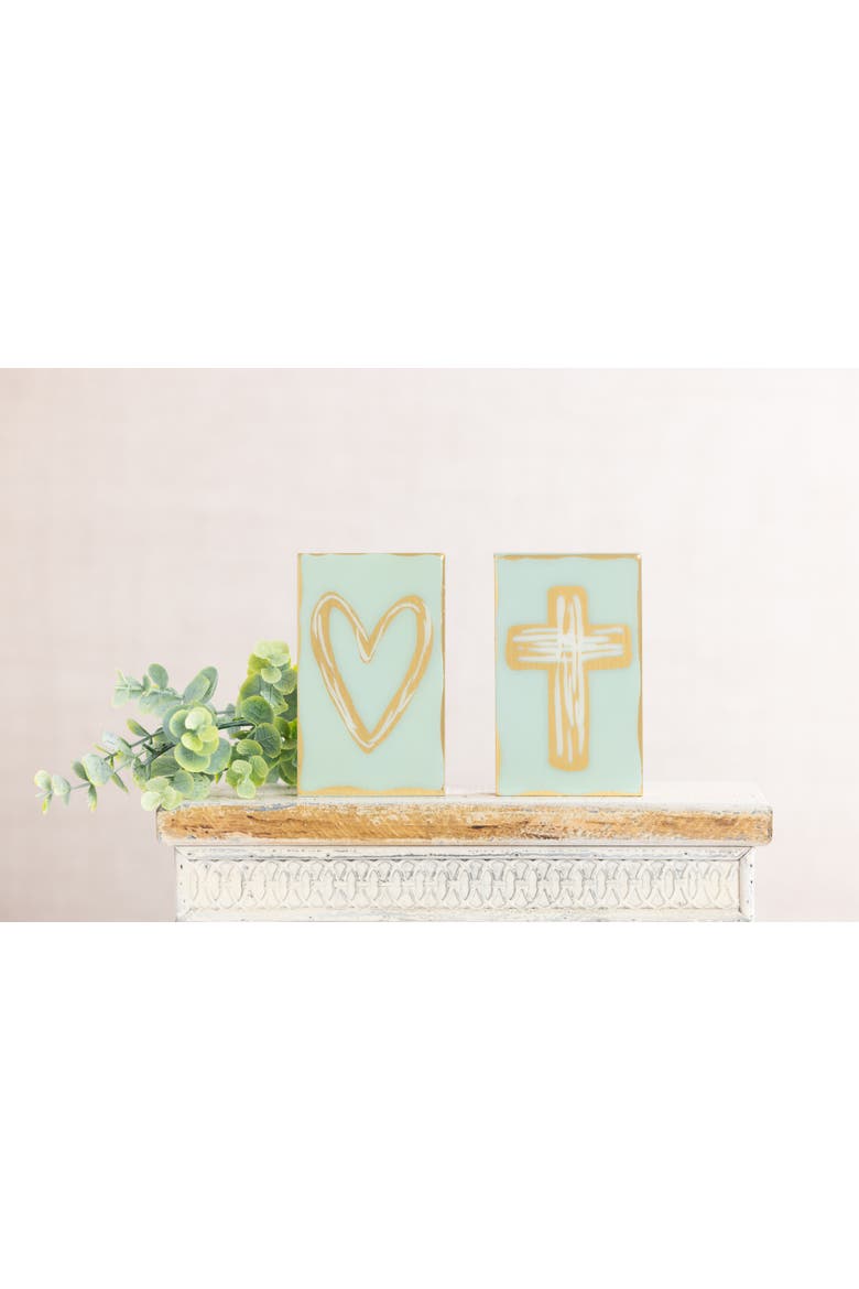 MDF and Epoxy Block Heart and Cross Set of 2 Multicolored for Spring Home Decor, Alternate, color, Green