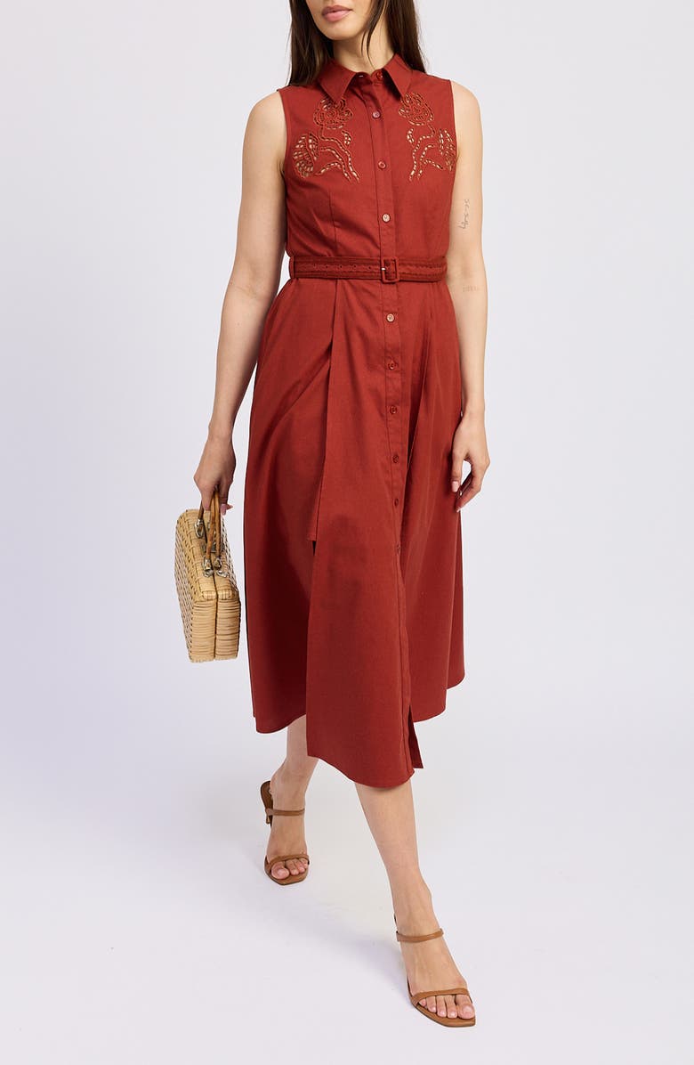 En Saison Megumi Eyelet Detail Cotton & Linen Midi Shirtdress, Alternate, color, Red Currant