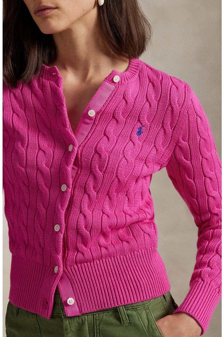 Cable Knit Cotton Crewneck Cardigan, Alternate, color, REGATTA PINK