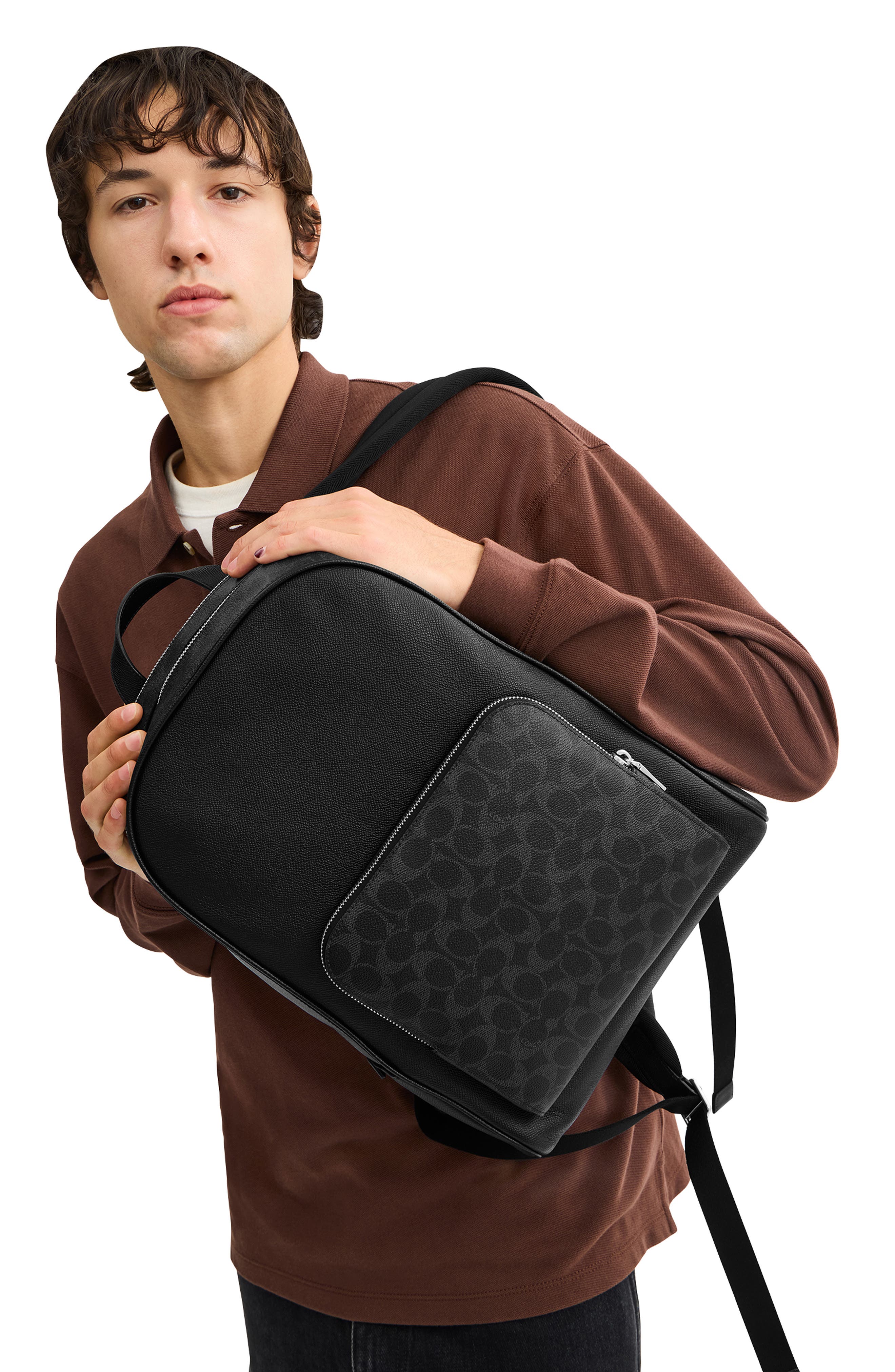 COACH Wade Logo Jacquard Canvas & Leather Backpack, Alternate, color, Black Signature