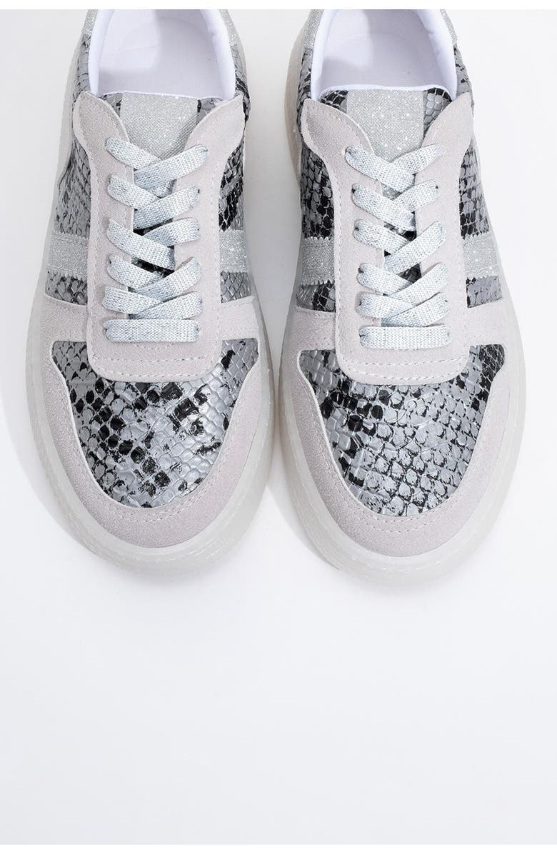 Prologue Shoes Rexie Glitter Sneakers, Alternate, color, Silver Print Faux Leather