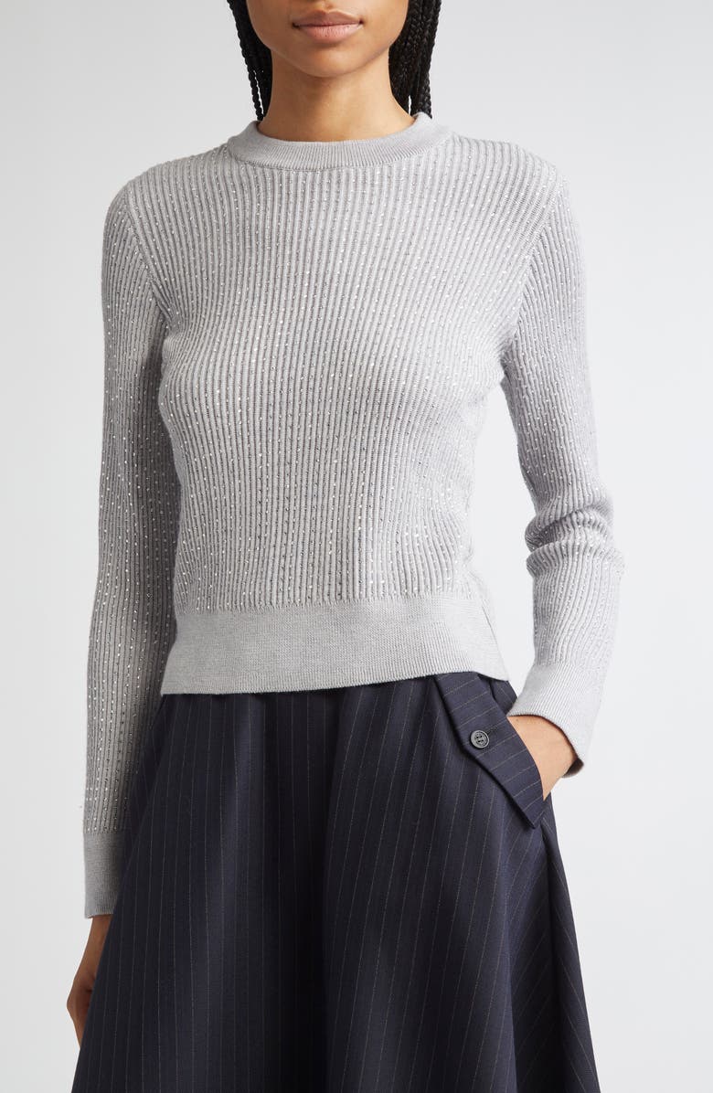 Golden Goose Journey Crystal Embellished Virgin Wool Rib Sweater, Alternate, color, Medium Grey